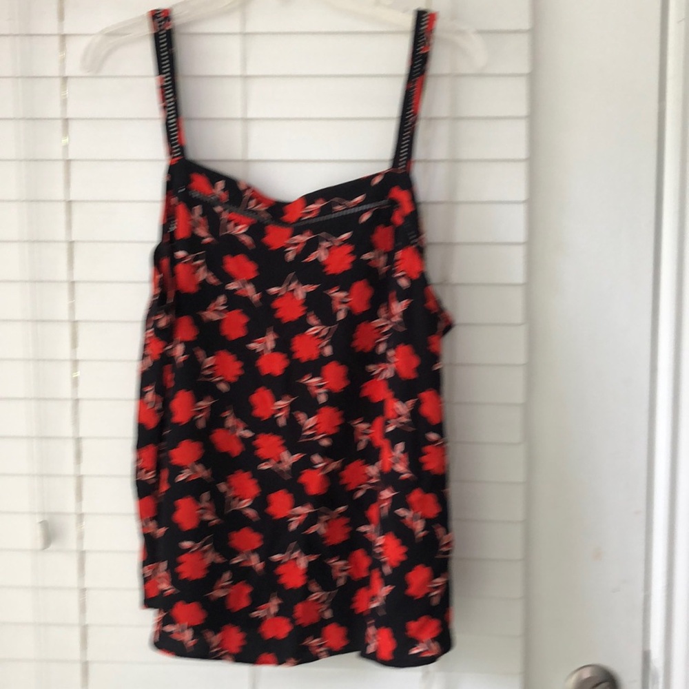 Ann Taylor Top Ladderstitch Cami Tank Floral Red Black SZ XL